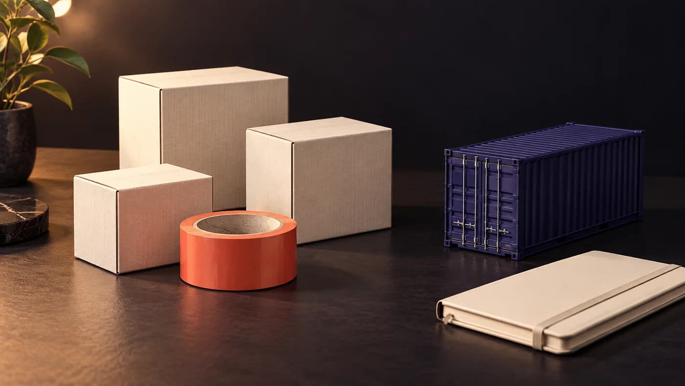 Cajas, cinta coral y un contenedor en miniatura sobre una mesa