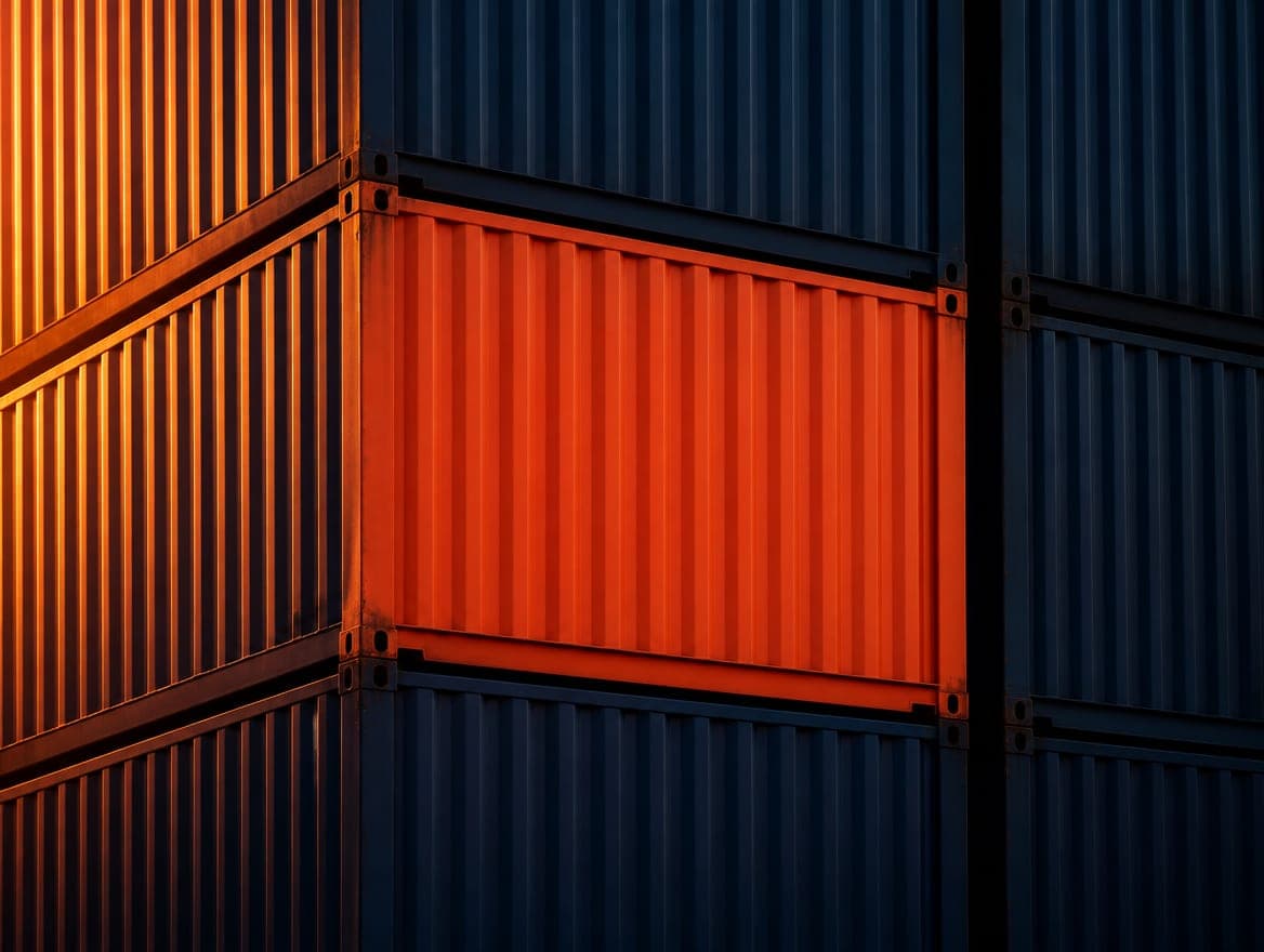 Un contenedor coral entre contenedores de color índigo