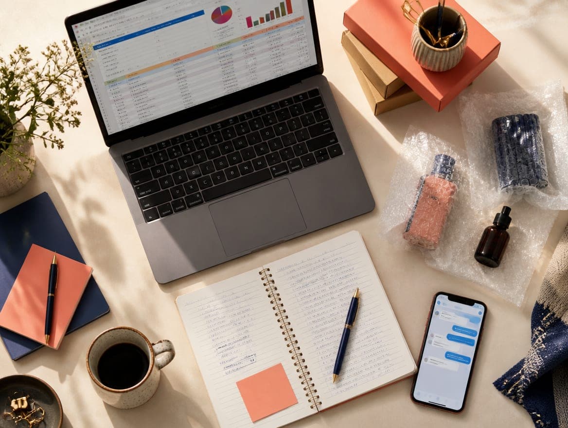Mesa de trabajo con cuaderno y materiales para preparar un presupuesto